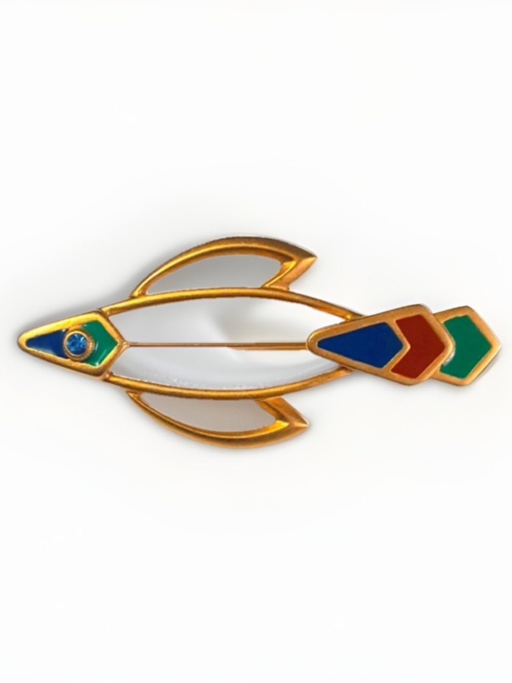 Vintage 80s Brooch Lapel Pin Fish Outline Enamel Gold Unisex